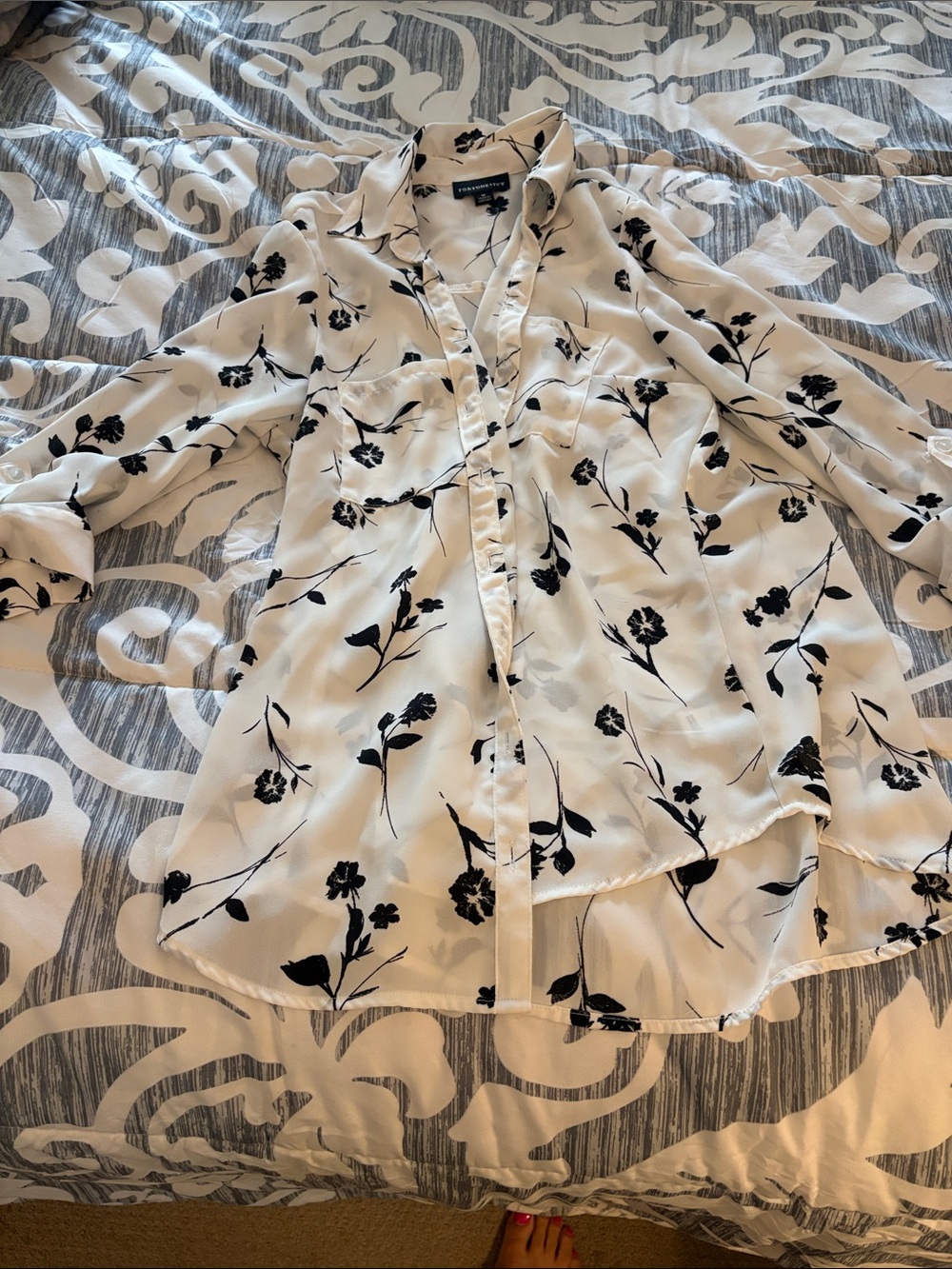 White Floral Button-Up Blouse with Black Print